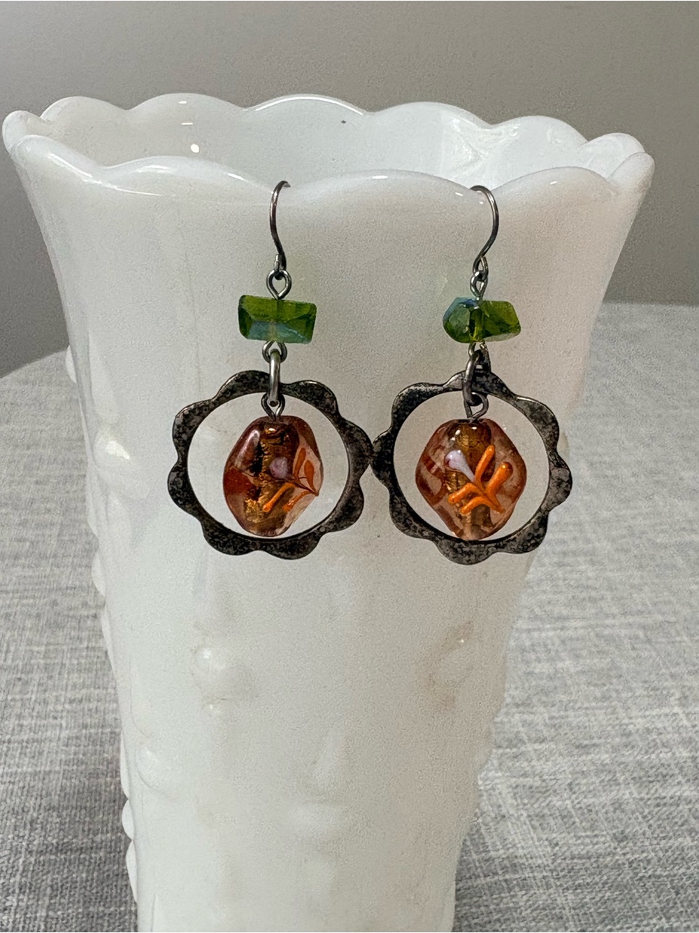 Green and Amber Glass Drop Earrings with Floral Metal Frame